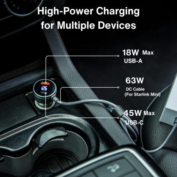 60 W Adapter DC Female to Cigarette Lighter Socket for Starlink Mini with 33 W Display