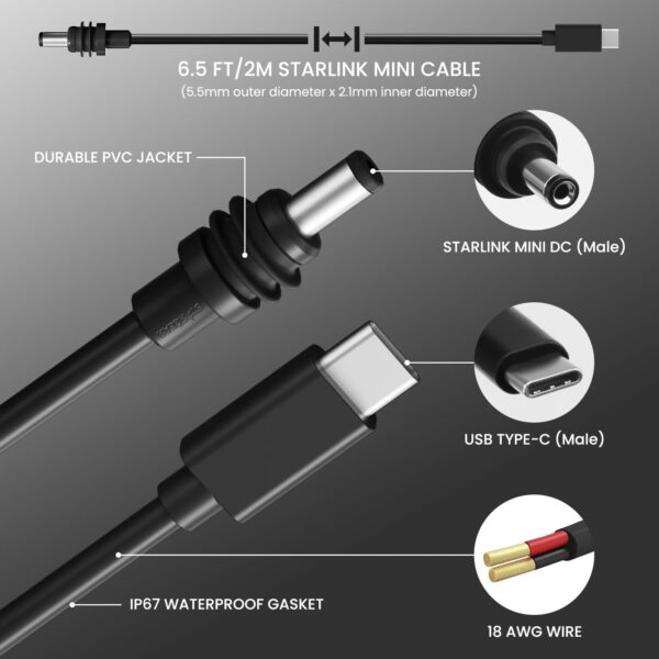Starlink Mini 5m USB-C to DC Power Cable - 100W Waterproof